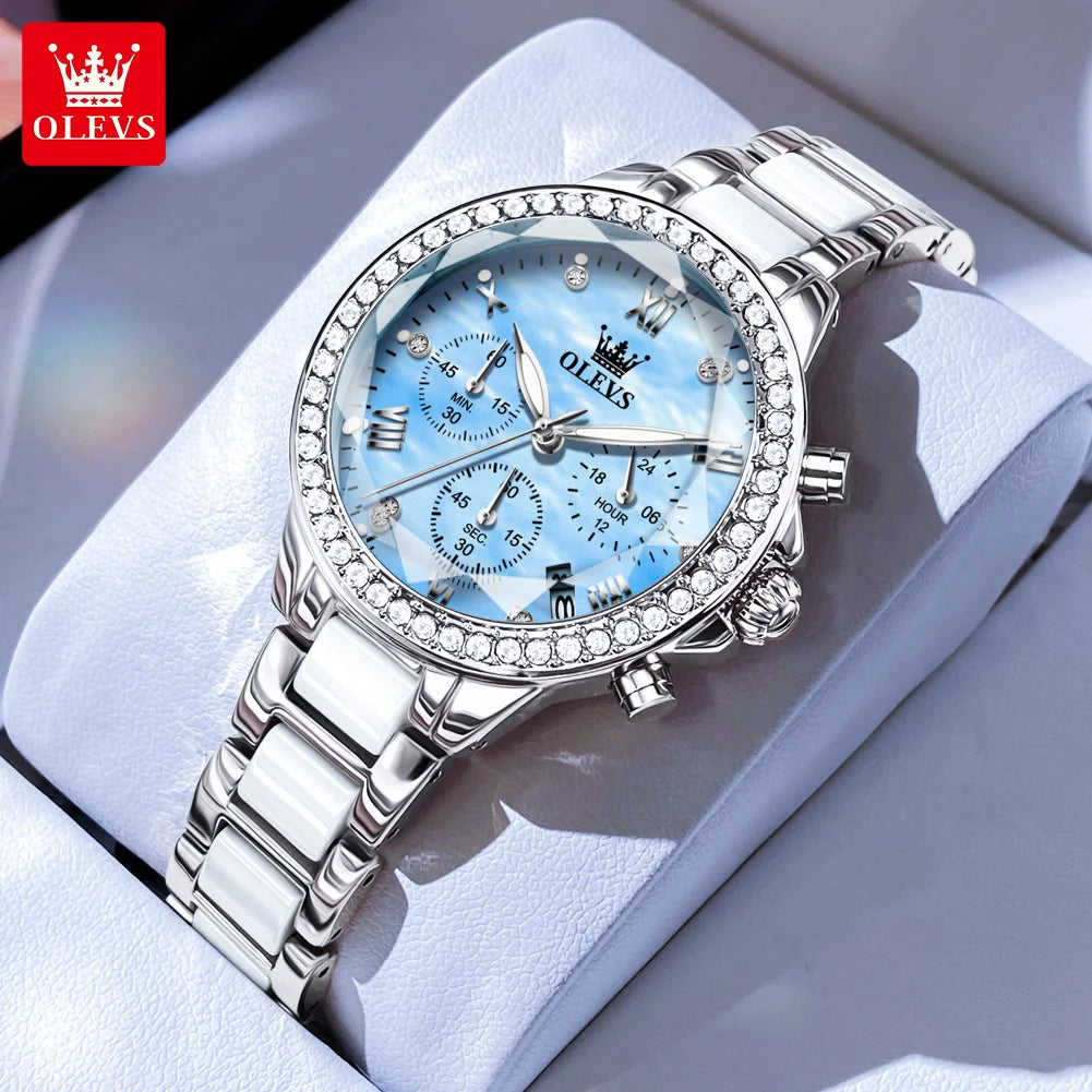 OLEVS 9999 Women Watch Brand Original Elegant Waterproof Chronograph Luxury Ceramic Dress Pink Women Quartz Watch Reloj Mujer