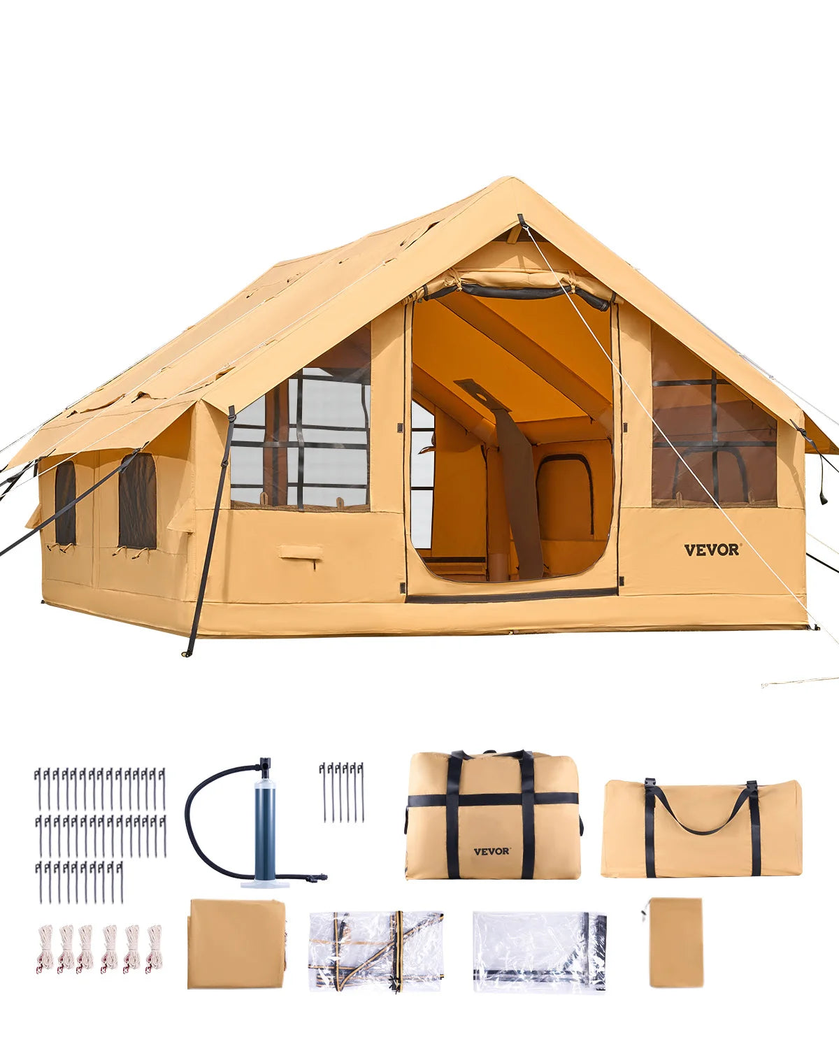 VEVOR Inflatable Tents for Camping Easy Setup Blow up Tent with Hand Pump Glamping Tent with Skylight Stove Jack & Mesh Windows