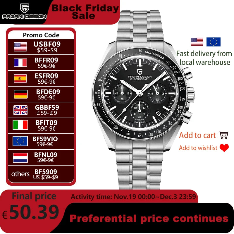 PAGANI DESIGN 2025 New Men's Watches Top Luxury Quartz Watch For Men Auto Date Speed Chronograph AR Sapphire Mirror Wrist watch