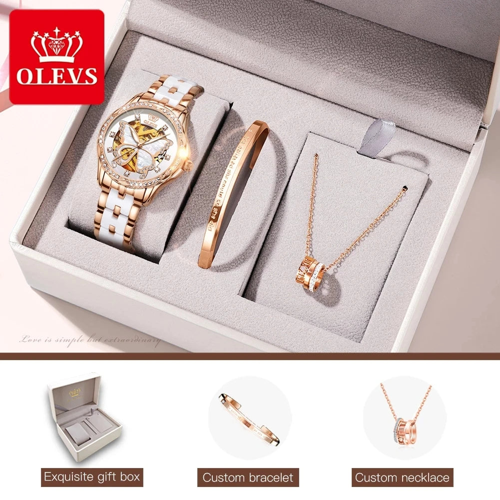 OLEVS Women's Automatic Watches Skeleton Mechanical Ladies Elegant Luxury Dress Butterfly Diamond White Ceramic Band Watch Gift