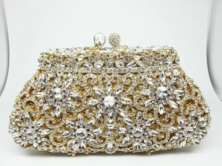 Boutique De FGG (in stock) Flower Crown Clutch Silver Crystal Evening Handbag Women Party Prom Bag Bridal Clutches Wedding Purse
