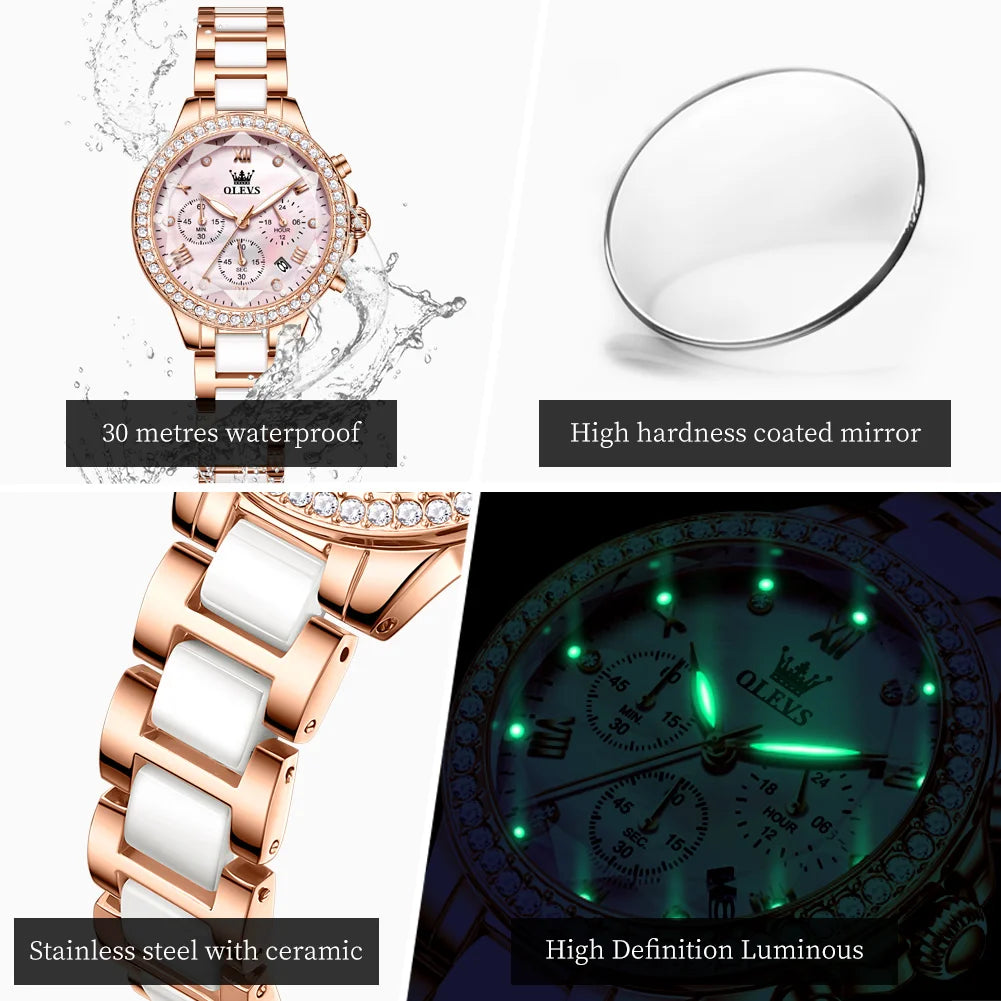 OLEVS 9999 Women Watch Brand Original Elegant Waterproof Chronograph Luxury Ceramic Dress Pink Women Quartz Watch Reloj Mujer