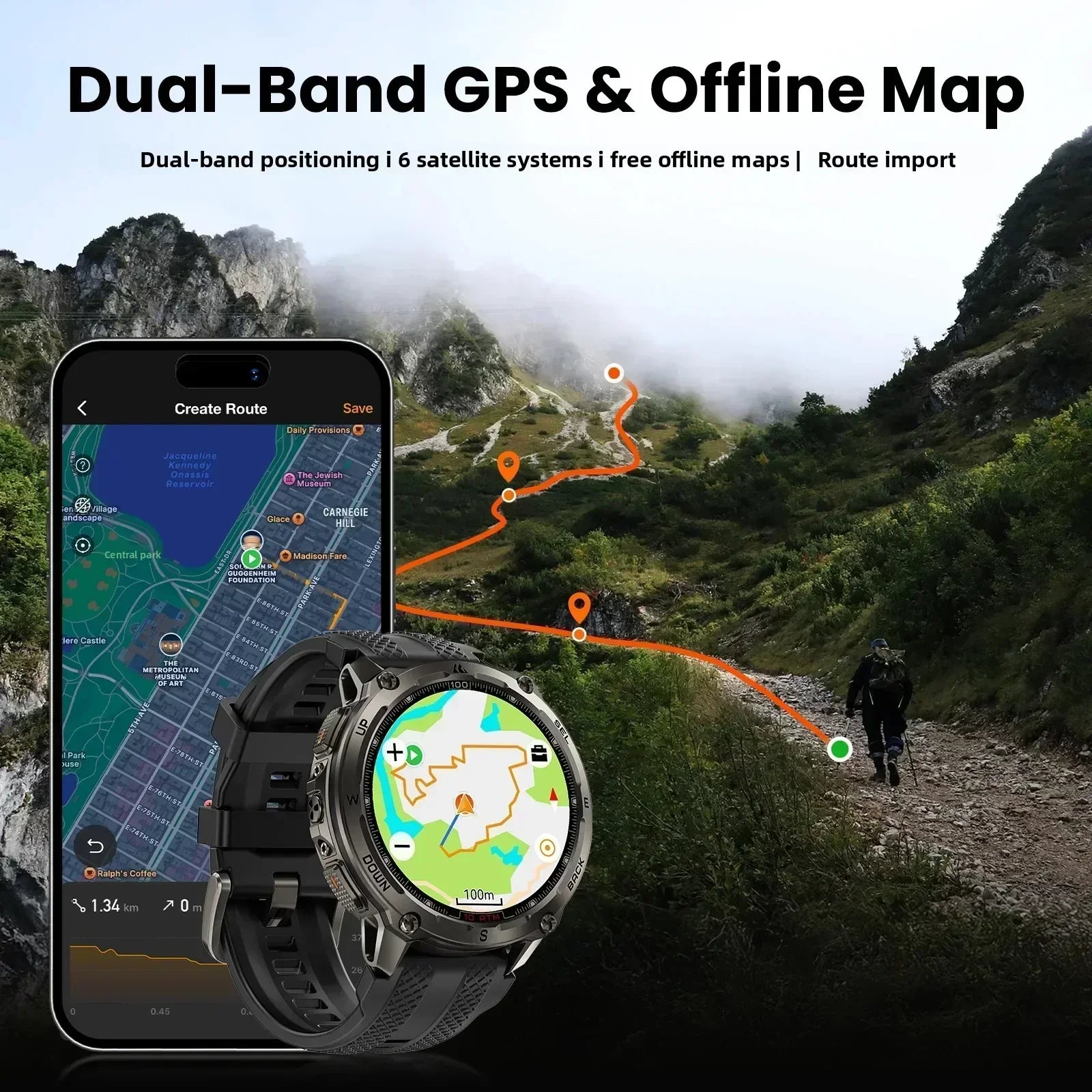 KOSPET Tank T4 Smart Watch for Men 6-Sat GPS Offline Maps 10ATM Waterproof Heart Rate Diving Skiing Hiking for Android iOS