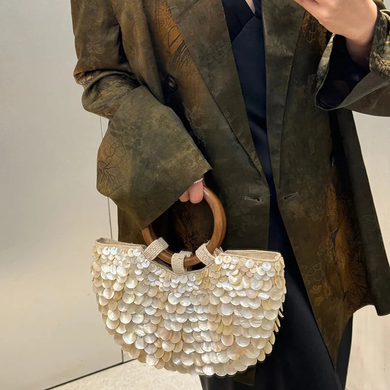 Wood Handbag Top-Handle White Crystal Clutch Bag High Quality Women's Wedding Hand Woven Handbags Fashion Bag