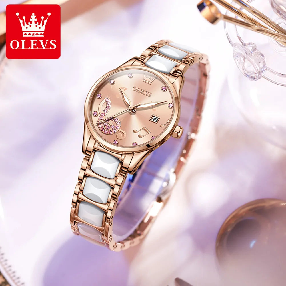 OLEVS 3605 Women Watch Top Brand High Quality Quartz Watch Exquisite Diamond Note Waterproof Dial Dress Ceramic Women Watch