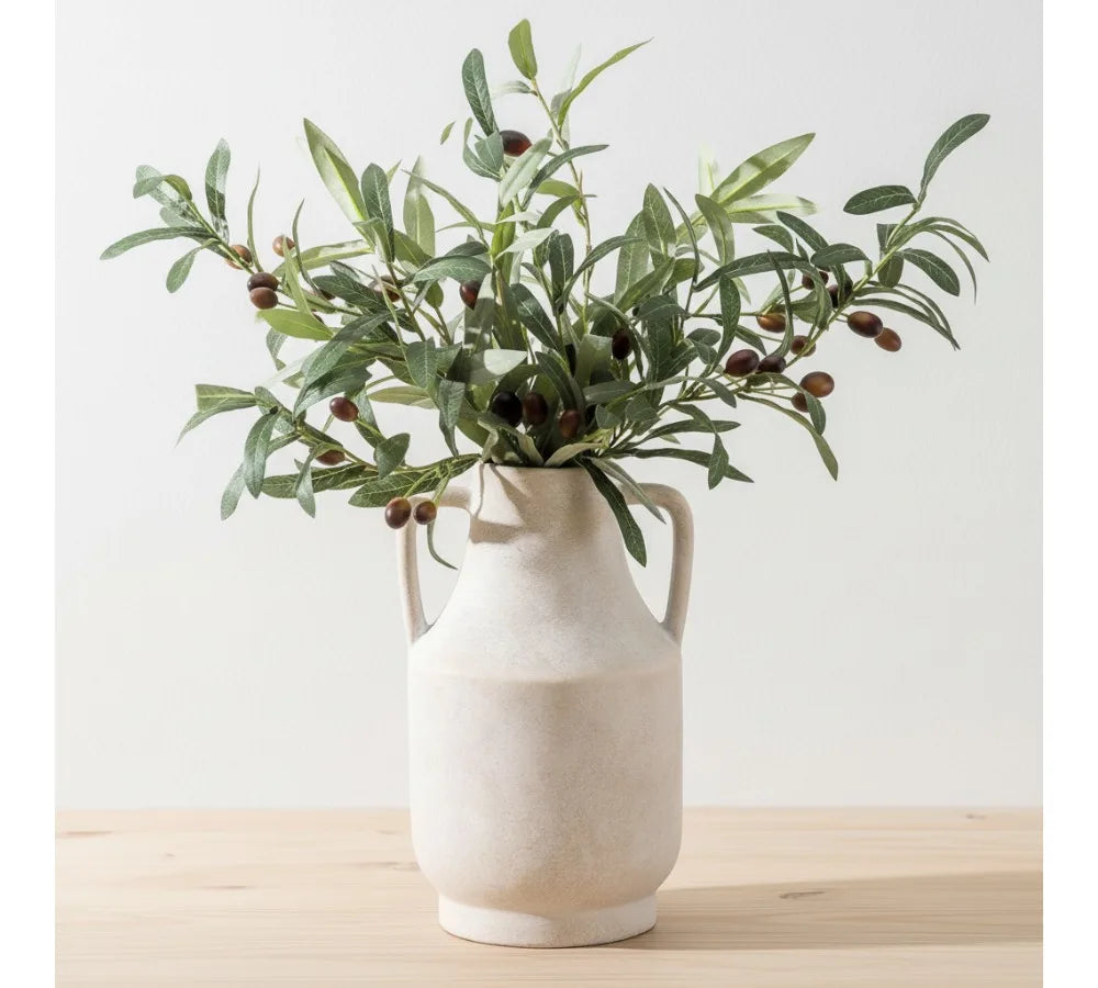 11 Inch Tall Off-White Ceramic Flower Vase with Handles, Large Farmhouse Rustic Pottery Vase for Home Decor Living Room Table
