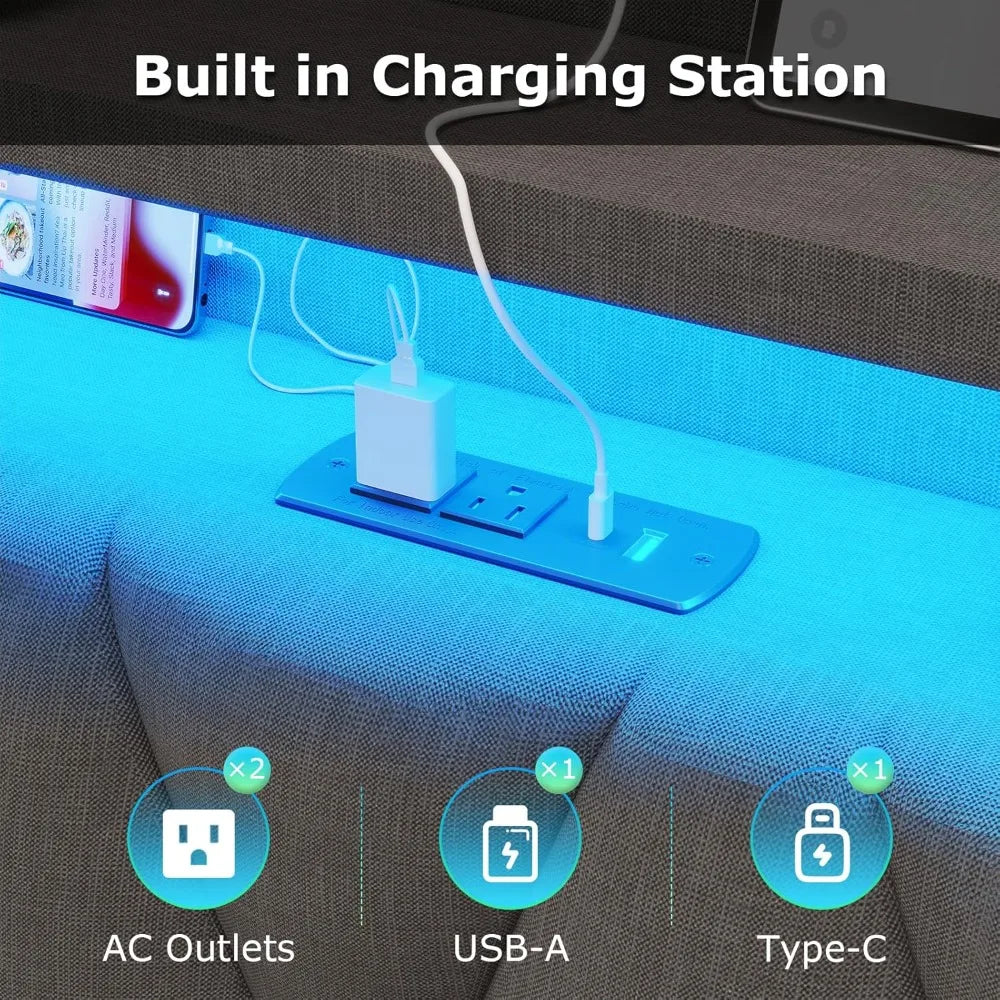 Queen Bed Frame with Storage Headboard, Metal Bed Frame with LED Lights & Charging Station, Upholstered Queen Bed with Marshmall
