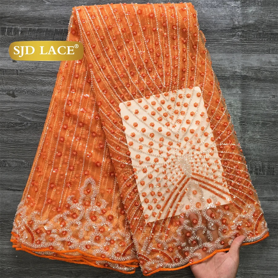 SJD LACE African Luxury Beads Mesh Lace Fabrics Nigerian Tulle 2025 French Tulle Beaded Net Lace for Women Evening Dresses A4034