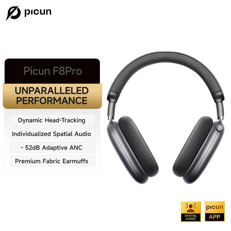 Picun F8 Pro -52dB Adaptive ANC Over Ear Headphone HIFI 3D Spatial Audio Wireless Earphone Bluetooth 6.0 140H Time Headset