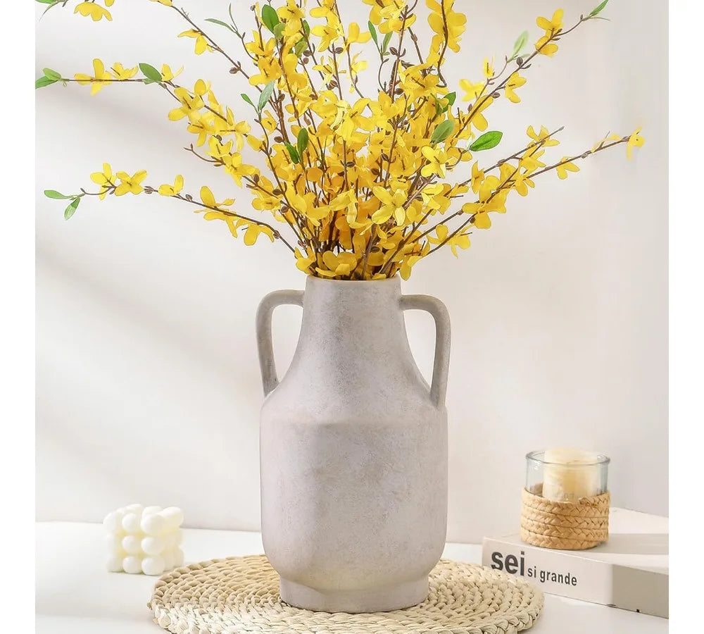 11 Inch Tall Off-White Ceramic Flower Vase with Handles, Large Farmhouse Rustic Pottery Vase for Home Decor Living Room Table