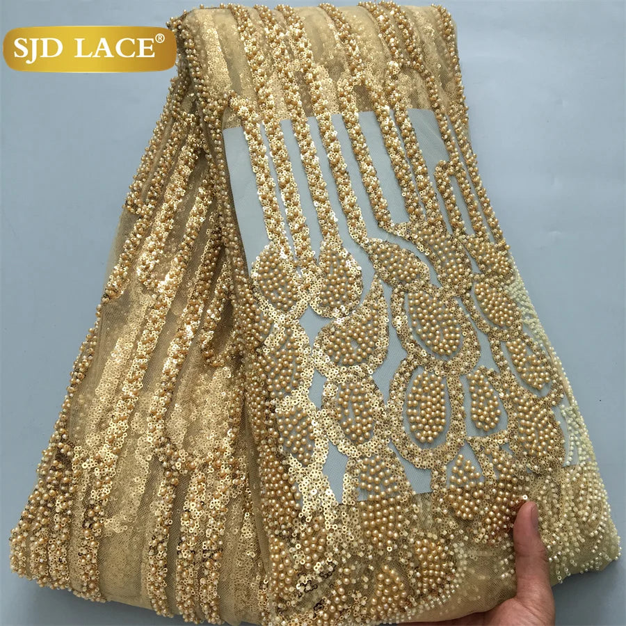SJD LACE African Luxury Beads Mesh Lace Fabrics Nigerian Tulle 2025 French Tulle Beaded Net Lace for Women Evening Dresses A4034