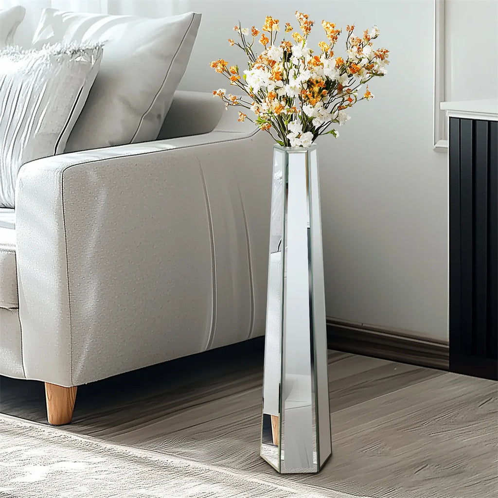 30” Floor Vase Large Decorative Mirrored Glass Flower Vase Silver Dried Flowers Vase for Living Room,