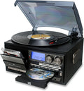 10-in-1 Vintage Turntable: 3-Speed Bluetooth, CD, Cassette, AM/FM Radio, USB, Aux, RCA (Black-Grey)