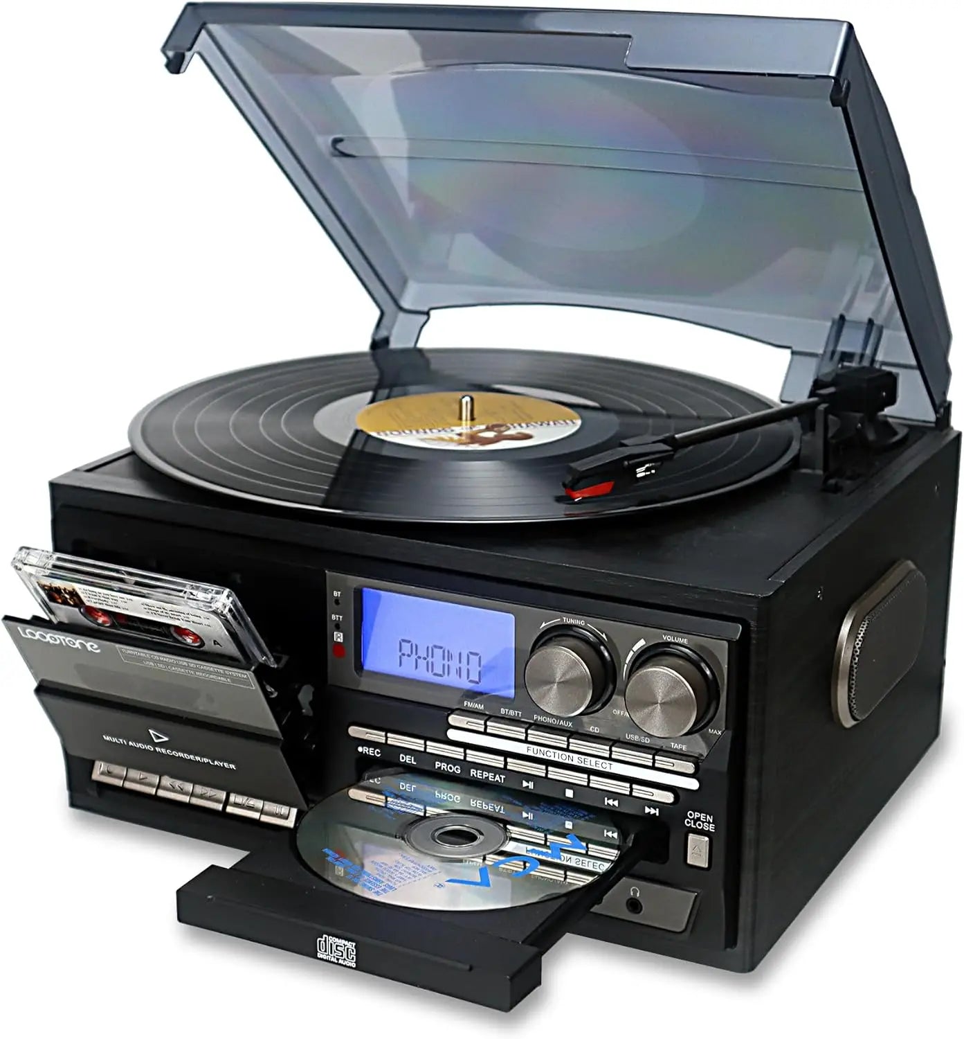 10-in-1 Vintage Turntable: 3-Speed Bluetooth, CD, Cassette, AM/FM Radio, USB, Aux, RCA (Black-Grey)