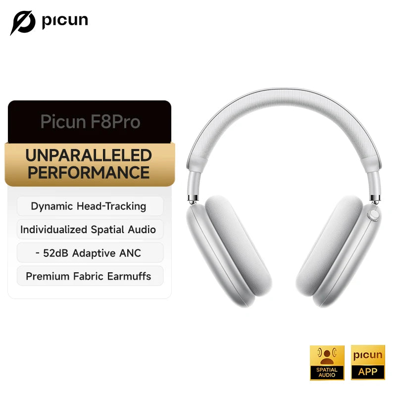 Picun F8 Pro -52dB Adaptive ANC Over Ear Headphone HIFI 3D Spatial Audio Wireless Earphone Bluetooth 6.0 140H Time Headset
