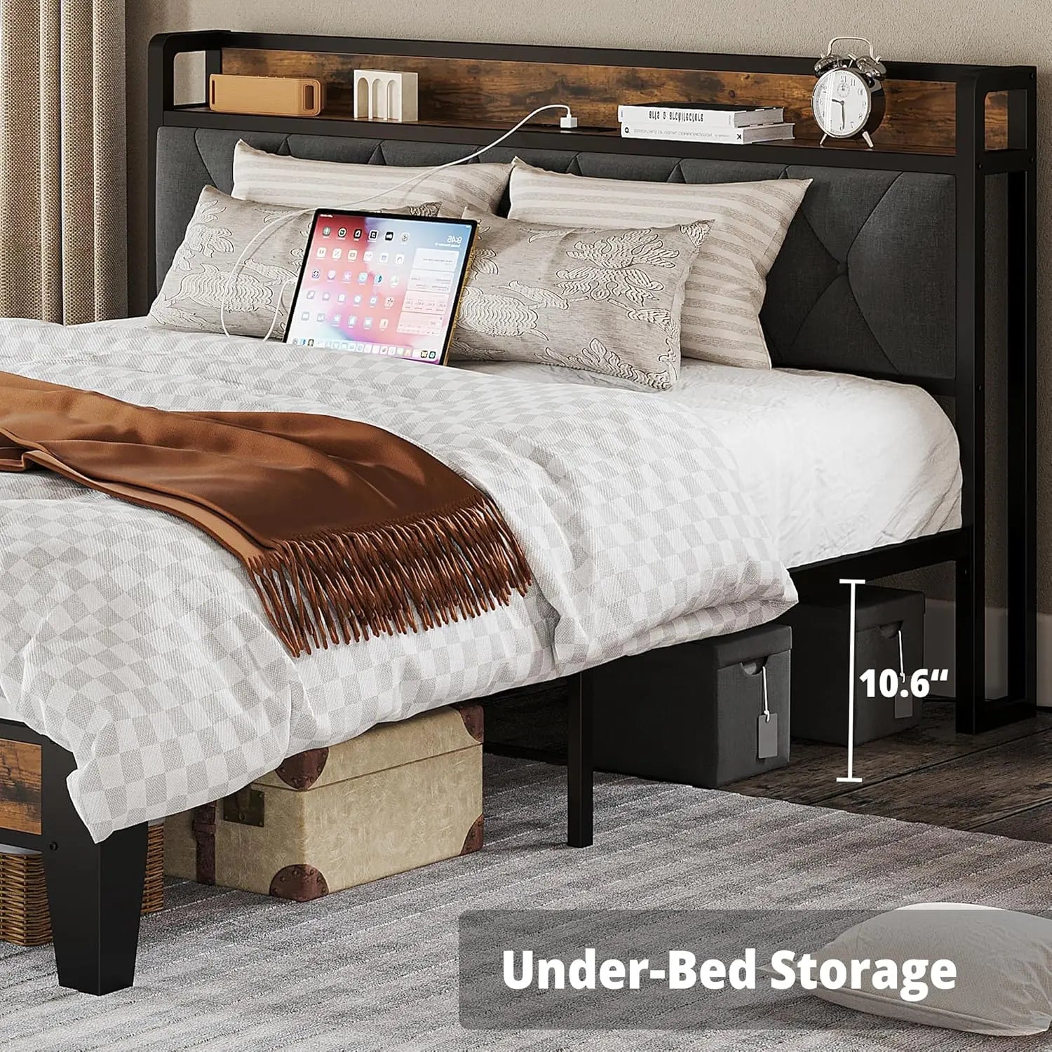ANCTOR Twin/TwinXL/Full/Queen/King/CaliforniaKing Bed Frames, Storage Headboard with Outlets, No Noise, No Box Springs Needed