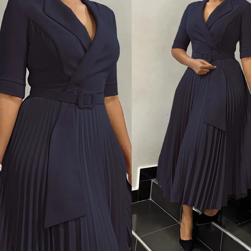 Elegant Office Dresses Pleated for Woman Notched Collar Half Sleeve Belt Waisted Mid Calf Professional Afircan Business New Robe