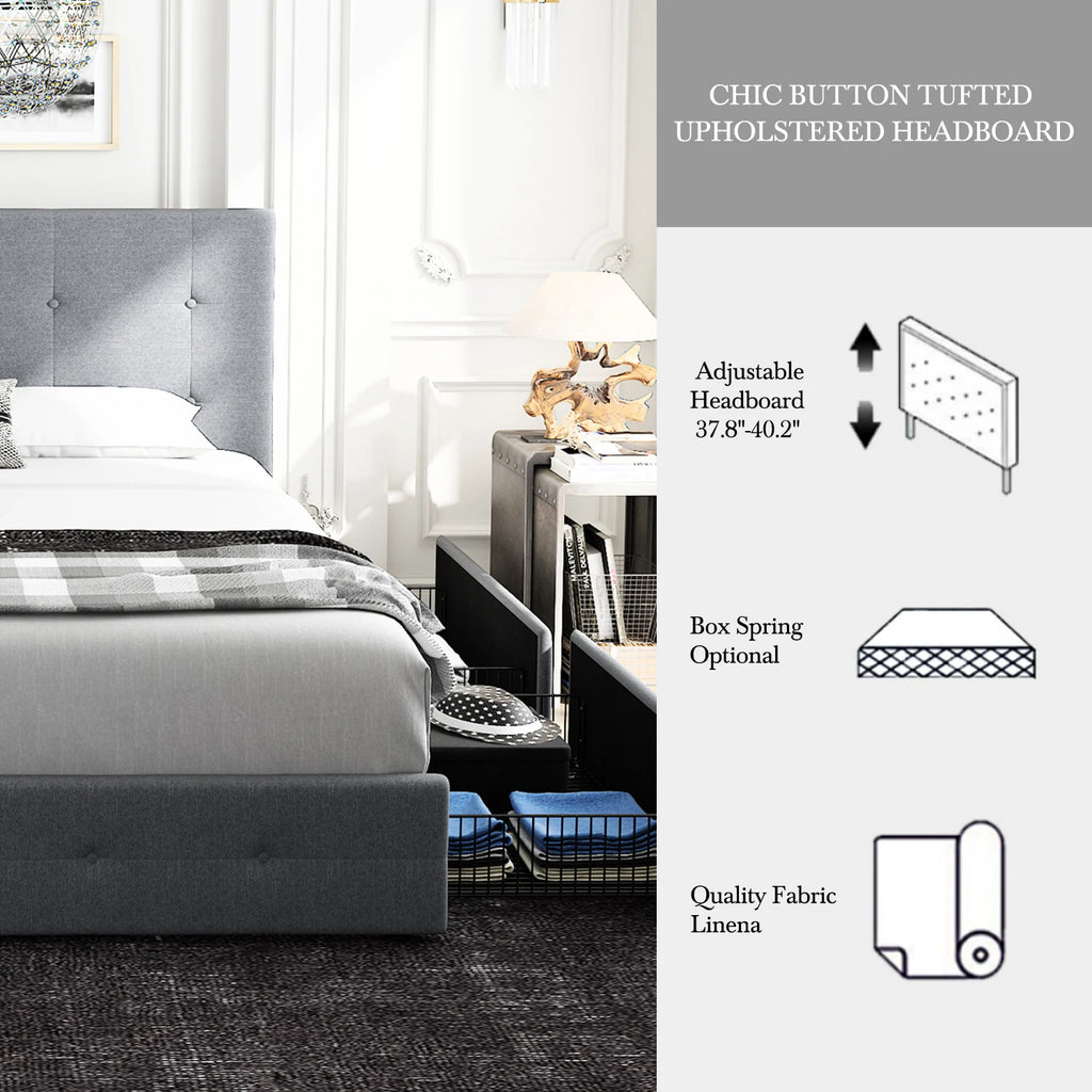 HOOMIC Platform Storage Bed Frame with 4 Drawers, Adjustable Headboard with Square Stitched Button Tufted Design Allewie