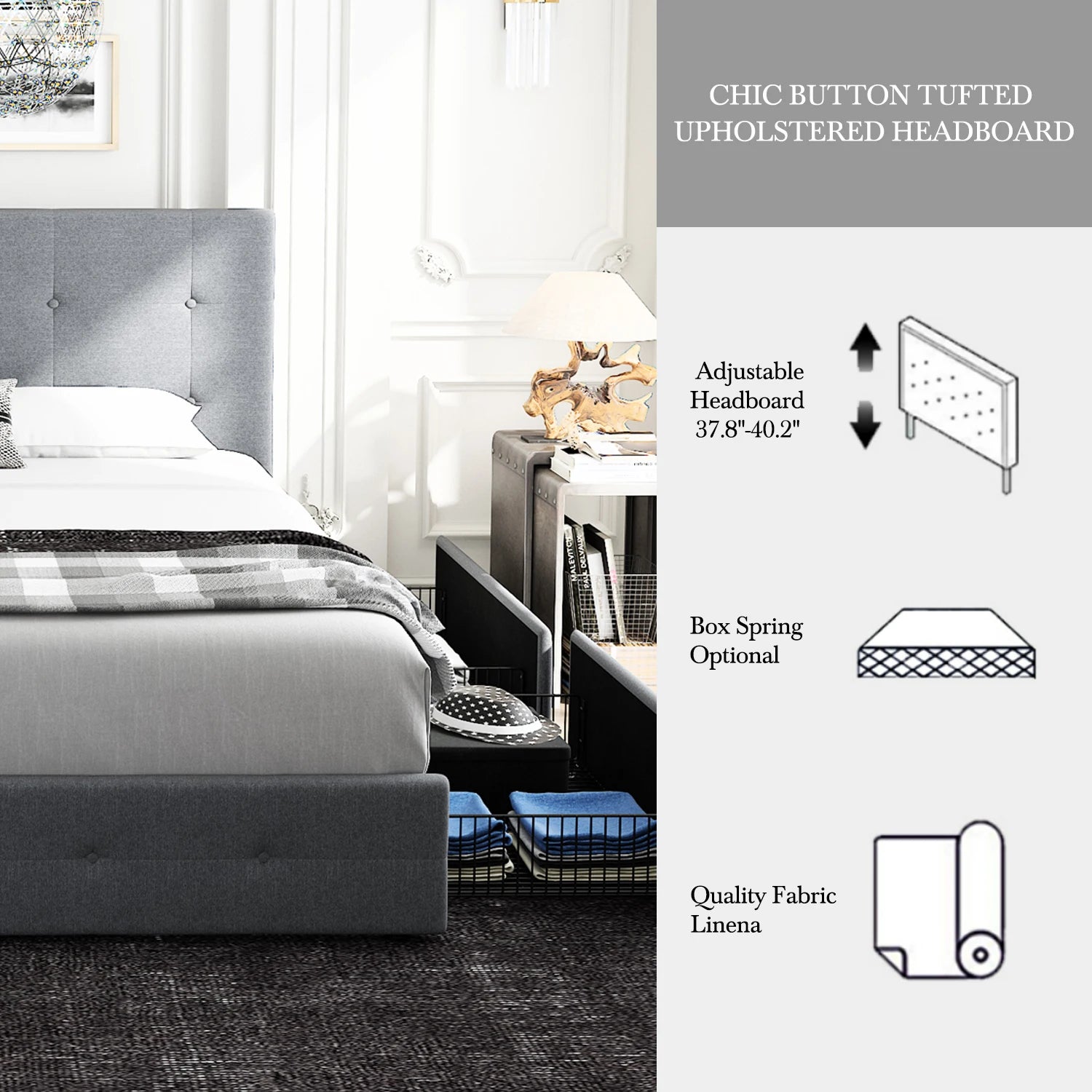 HOOMIC Platform Storage Bed Frame with 4 Drawers, Adjustable Headboard with Square Stitched Button Tufted Design Allewie