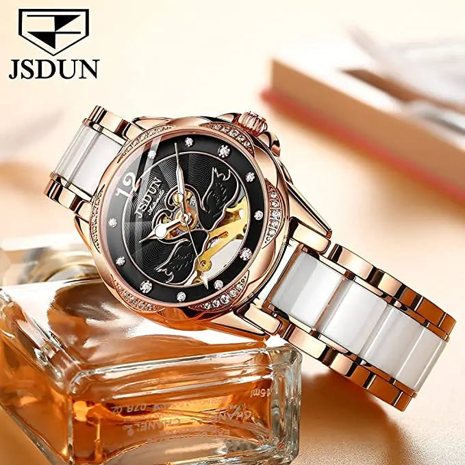 Luxury Mechanical Women Watch Love Swan Design Skeleton Elegant Ceramics Strap Waterproof  Ladies Wristwatch Girls Dress Watch