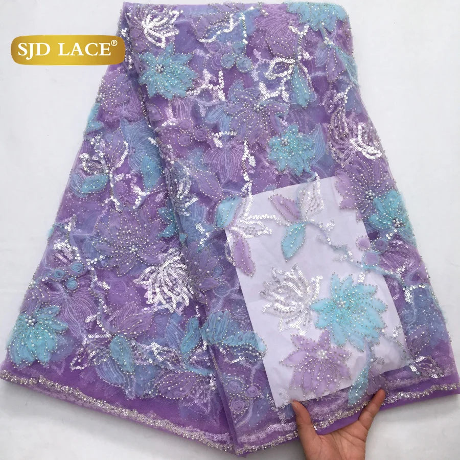 SJD LACE African Luxury Beads Mesh Lace Fabrics Nigerian Tulle 2025 French Tulle Beaded Net Lace for Women Evening Dresses A4034