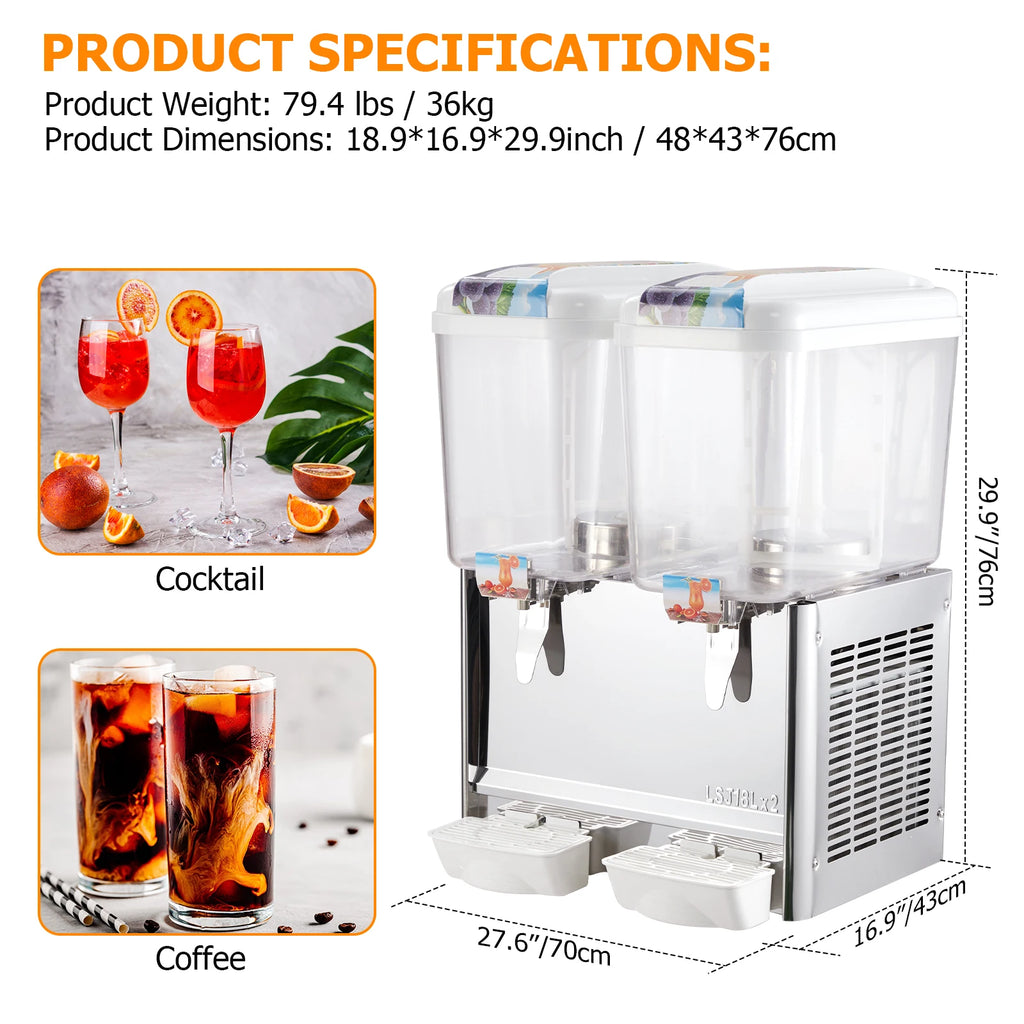 280W Commercial Beverage Dispenser,2 Tanks 9.5 Gallon 36L Commercial Juice Dispenser,18 Liter Per Tank With Thermostat Controlle