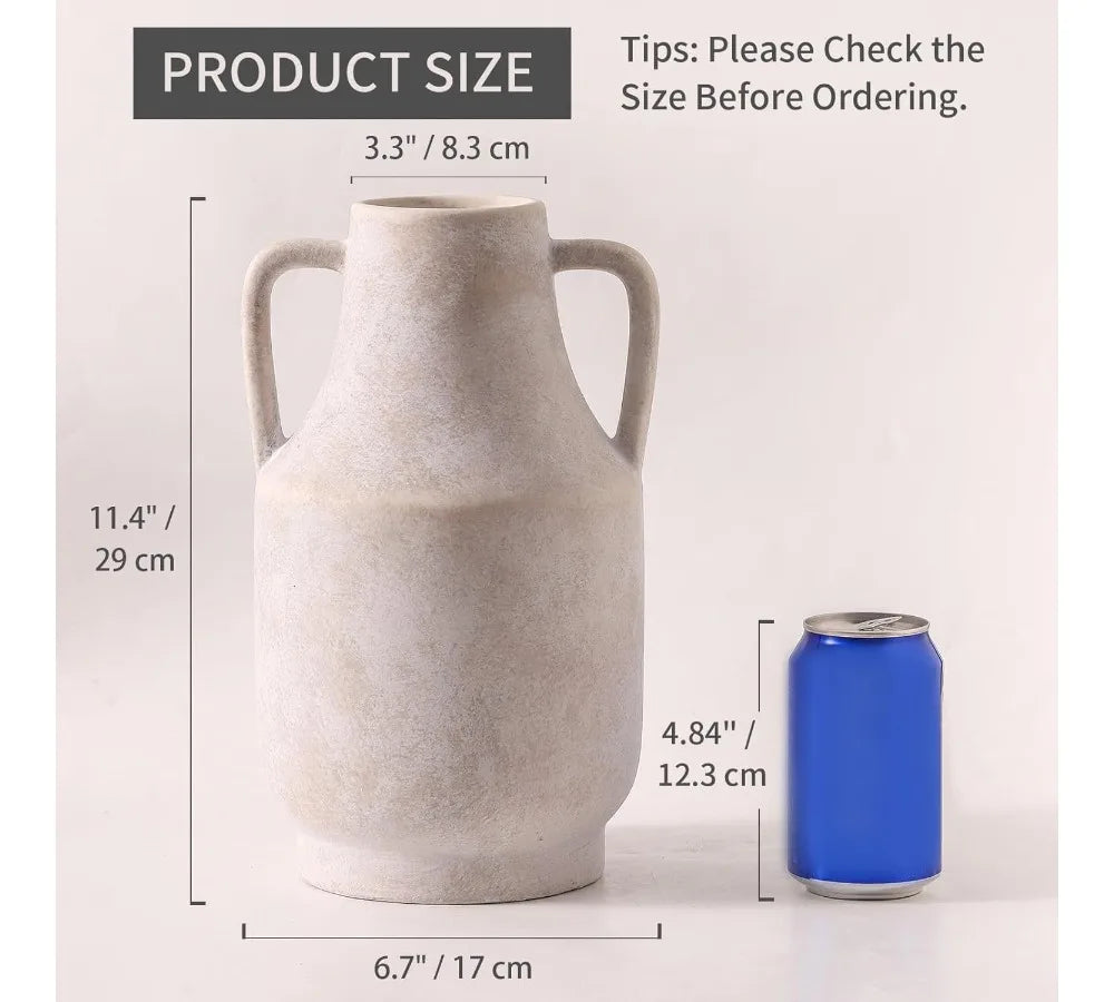 11 Inch Tall Off-White Ceramic Flower Vase with Handles, Large Farmhouse Rustic Pottery Vase for Home Decor Living Room Table