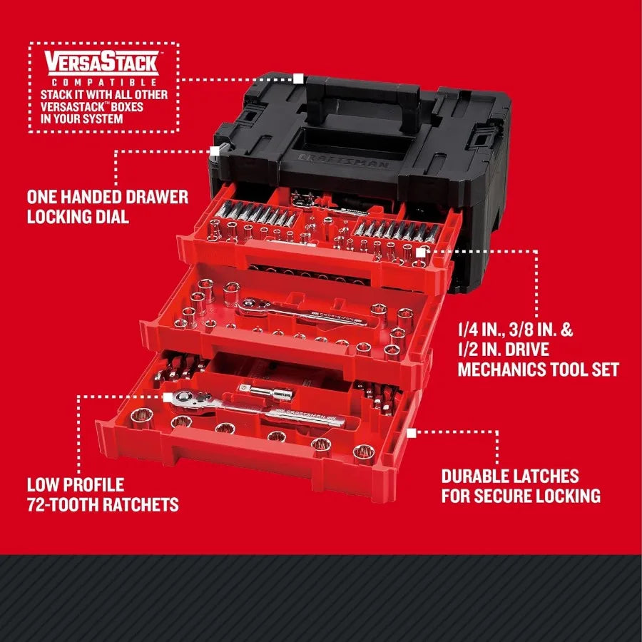 230 Pcs Mechanics Tool Set Socket Wrench Set Car Tool Kit with VERSASTACK Toolbox SAE and Metric 1/4 in 3/8 in and 1/