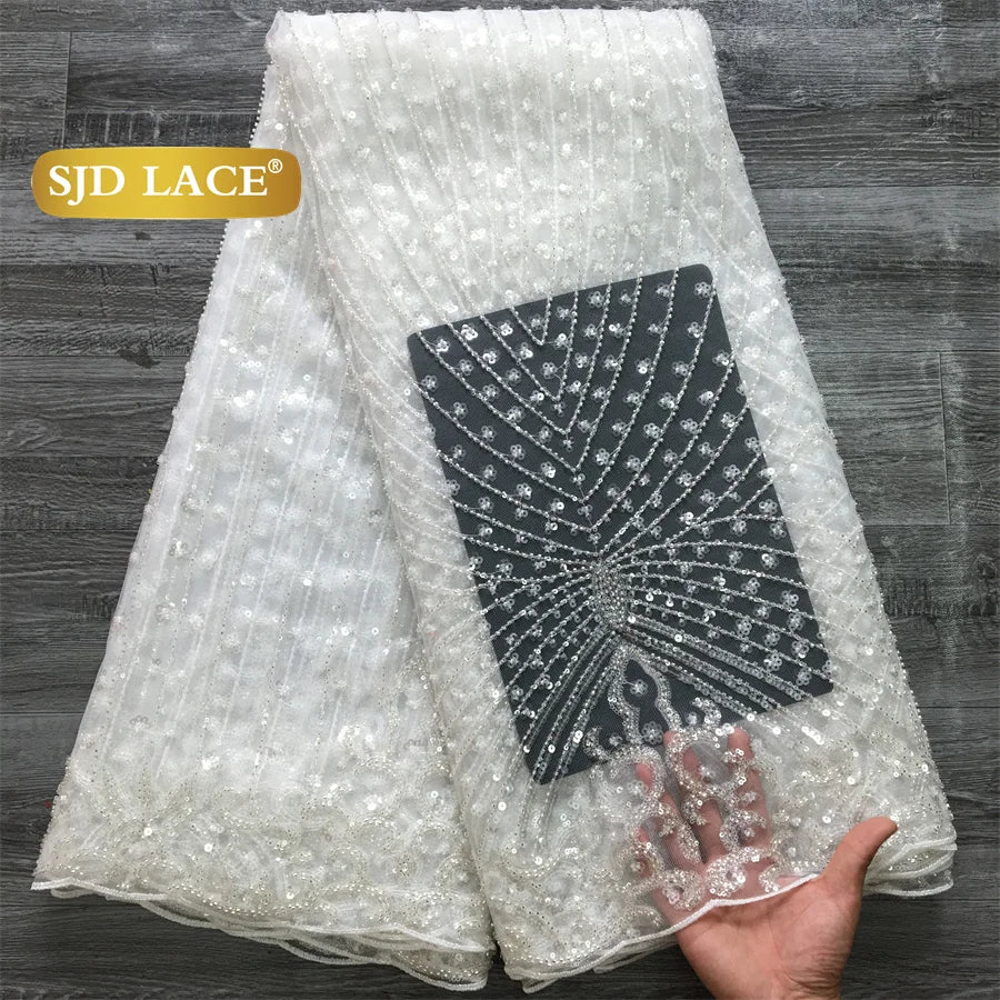 SJD LACE African Luxury Beads Mesh Lace Fabrics Nigerian Tulle 2025 French Tulle Beaded Net Lace for Women Evening Dresses A4034