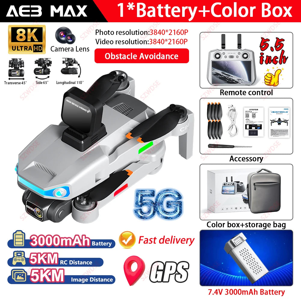 AE3 PRO MAX GPS Digital FPV with 8K HD Camera 3-Axis EIS Gimbal Obstacle Avoidance Touchable Screen Controller Brushless Drone