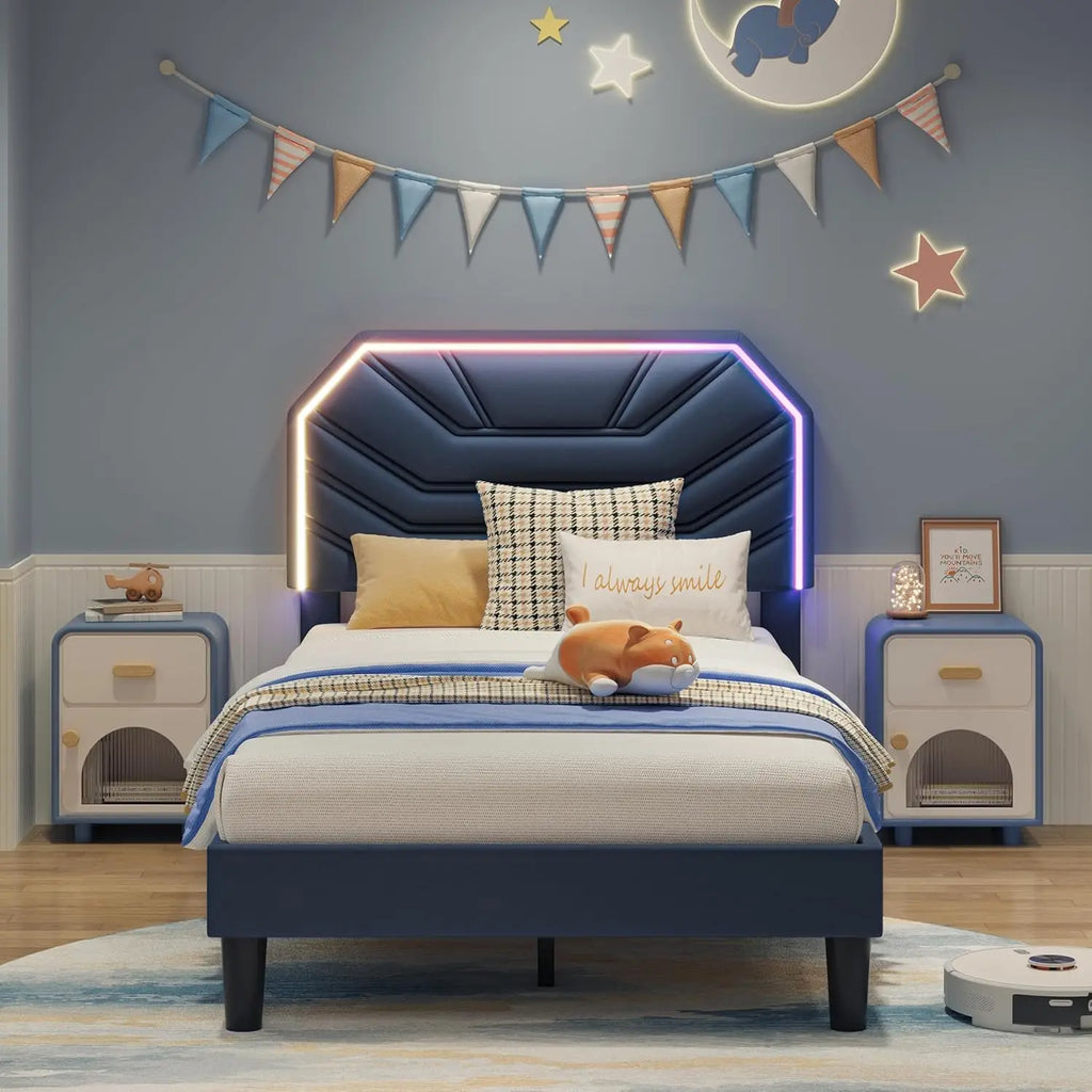 LIKIMIO Twin / Twin XL Bed Frames with Lighted Headboard, Upholstered Modern Cama Twin Platform Bed with Heavy Duty Supports