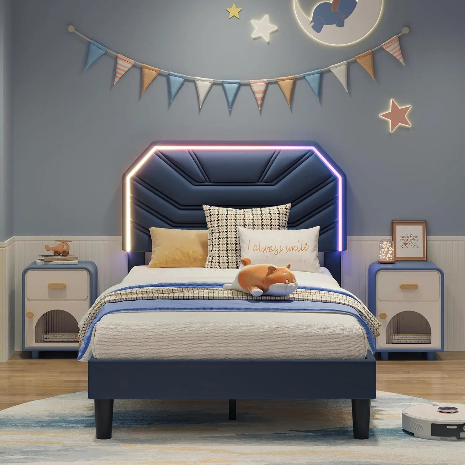 LIKIMIO Twin / Twin XL Bed Frames with Lighted Headboard, Upholstered Modern Cama Twin Platform Bed with Heavy Duty Supports