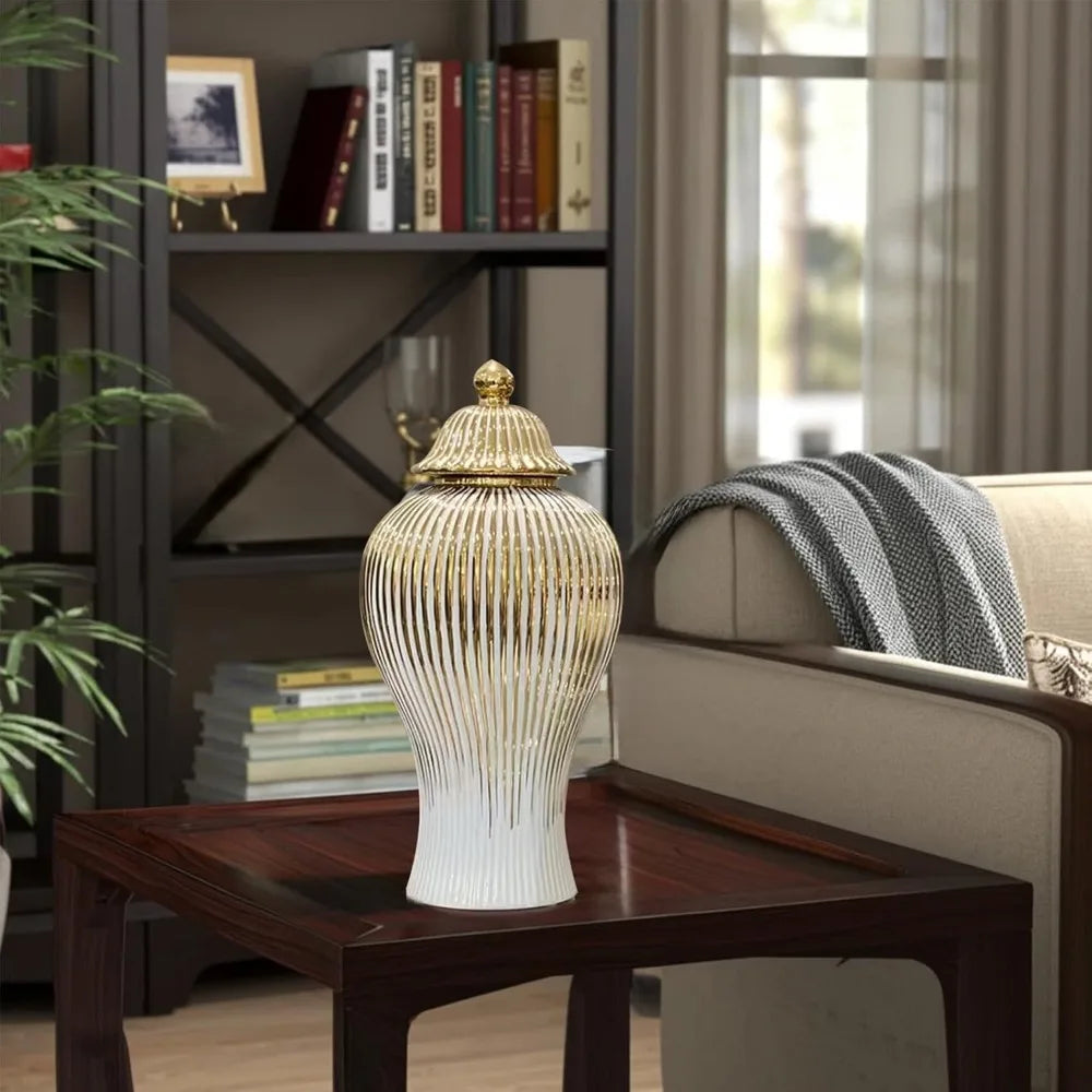 Large Handmade Porcelain Vase with Lid, White Gold Ceramic Decorative Flower Vase for Home Living Room Decor