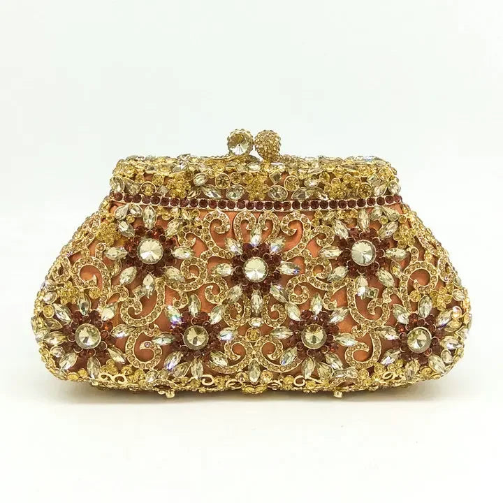 Boutique De FGG (in stock) Flower Crown Clutch Silver Crystal Evening Handbag Women Party Prom Bag Bridal Clutches Wedding Purse