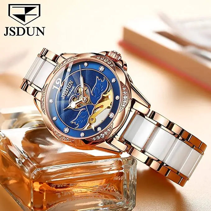 Luxury Mechanical Women Watch Love Swan Design Skeleton Elegant Ceramics Strap Waterproof  Ladies Wristwatch Girls Dress Watch