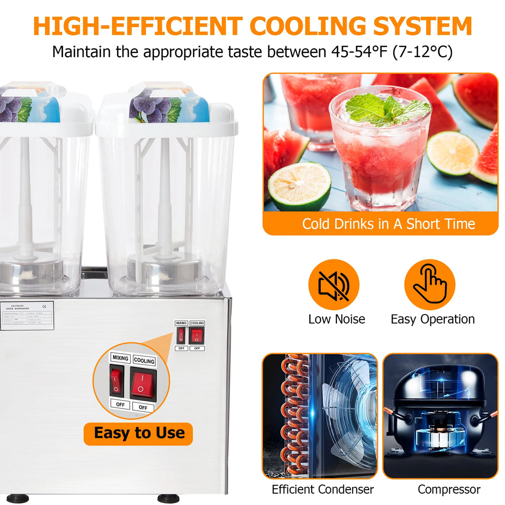 280W Commercial Beverage Dispenser,2 Tanks 9.5 Gallon 36L Commercial Juice Dispenser,18 Liter Per Tank With Thermostat Controlle