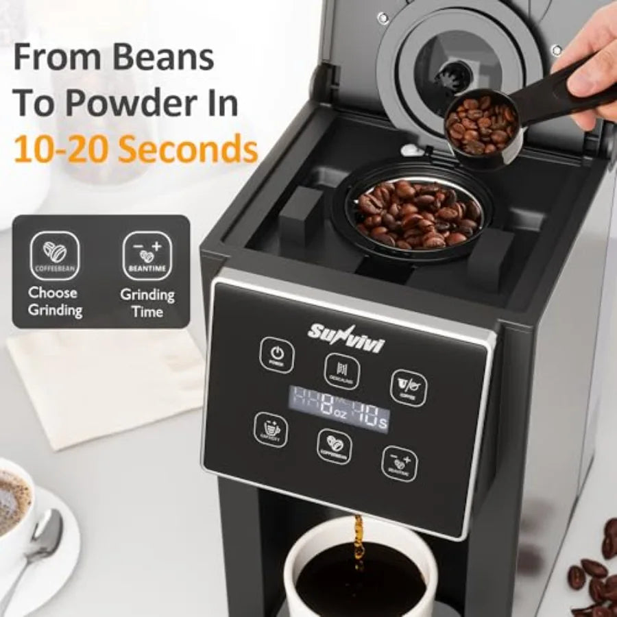 Coffee Maker with Grinder for Home Office Use, Stainless Steel Black/Silver, 3-in-1 Capsule/Ground/Tea Brewing, 614 Oz Cup, 50