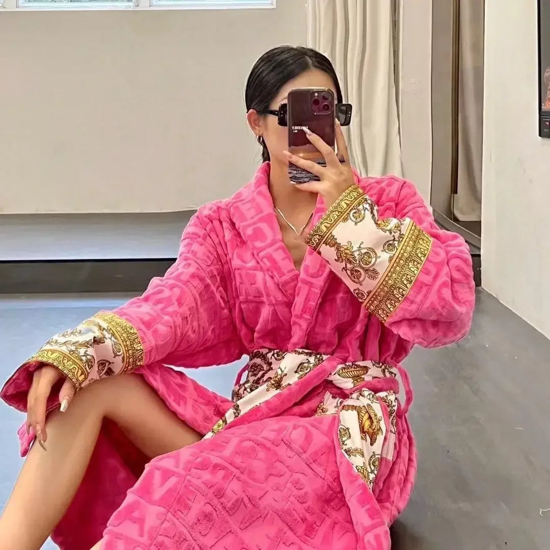 Autumn Winter Adult Bathrobe Sashes Robe Pajamas Homewear For Men And Women Couple Robes Pockets Long Sleeve Fashion Nightgown