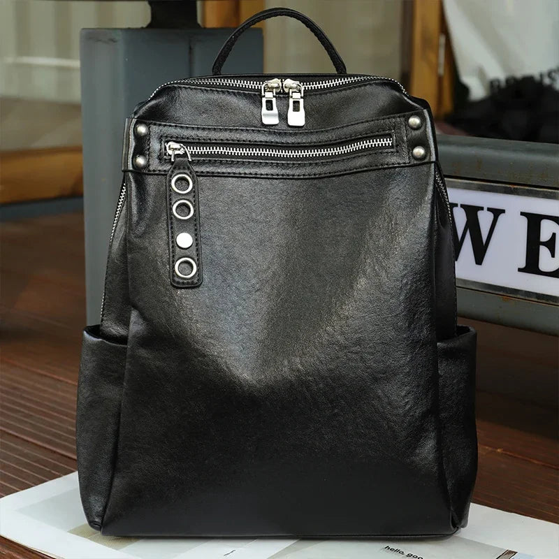 Women Natural Cow Leather Backpacks Lady Cowhide Design Large Capacity Bags Female Retro Versatile Backpacks Ladies Fashion Bag