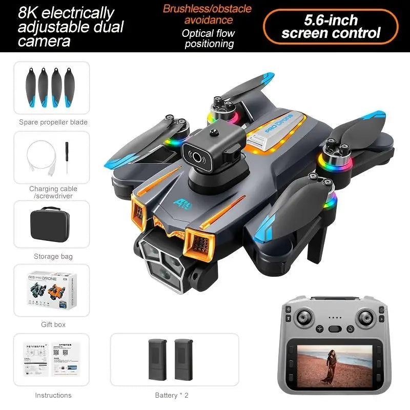 8K triple camera drone, A19 max pro aircraft, dual battery configuration, dual aerial cameras, one-touch takeoff, brushless wind-resistant motor, easy operation for beginners. A new drone worth owning in 2026