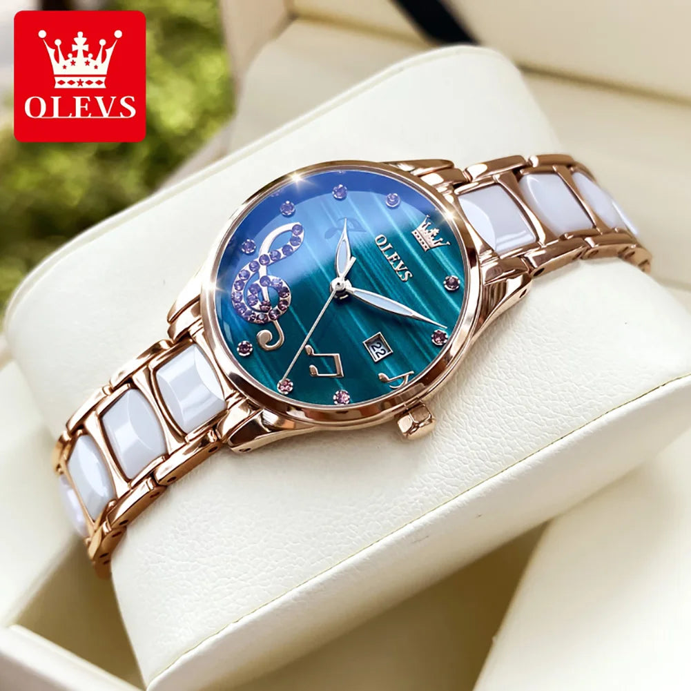 OLEVS 3605 Women Watch Top Brand High Quality Quartz Watch Exquisite Diamond Note Waterproof Dial Dress Ceramic Women Watch