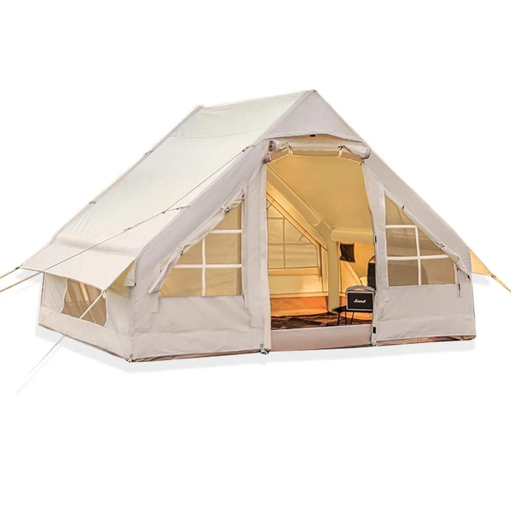 Inflatable Tent with Hand Pump Portable Glamping Tent Breathable Air Family Tunnel Tent Oxford Fabric for 4-6 People