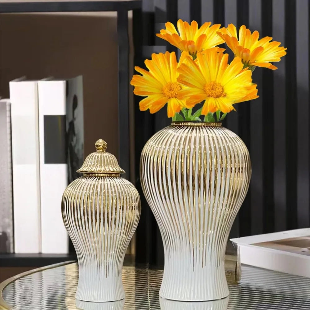 Large Handmade Porcelain Vase with Lid, White Gold Ceramic Decorative Flower Vase for Home Living Room Decor