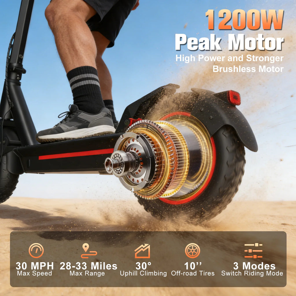 Electric Foldable Scooter 30 MPH Fastest Dual Motor for Adult Scooter 1200W Peak 33Mile Long Range 10" Off-Road Tires 48V 13ah