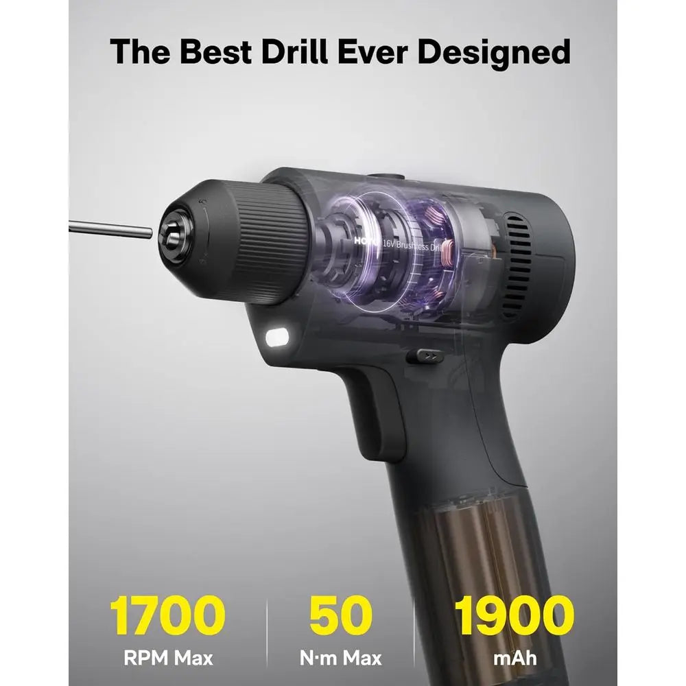 16V Cordless Drill Kit: 25-Piece Set with 3/8 Chuck, 50 N·m Torque, 32 Settings, LED Light, Tools & Accessories