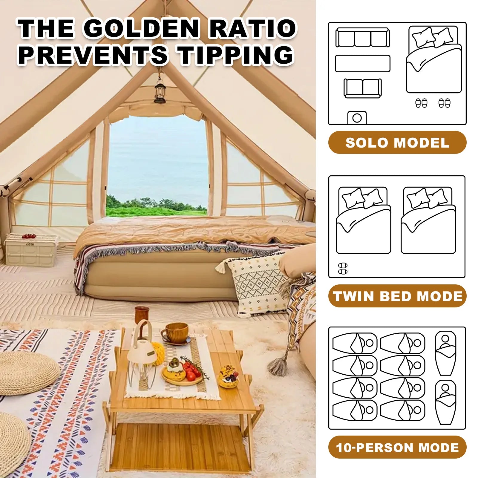 13' x 10' Inflatable Camping Tent for 8-10 Person,4 Season Blow up Tents Waterproof, Air Tent with Stove Jack AC Port