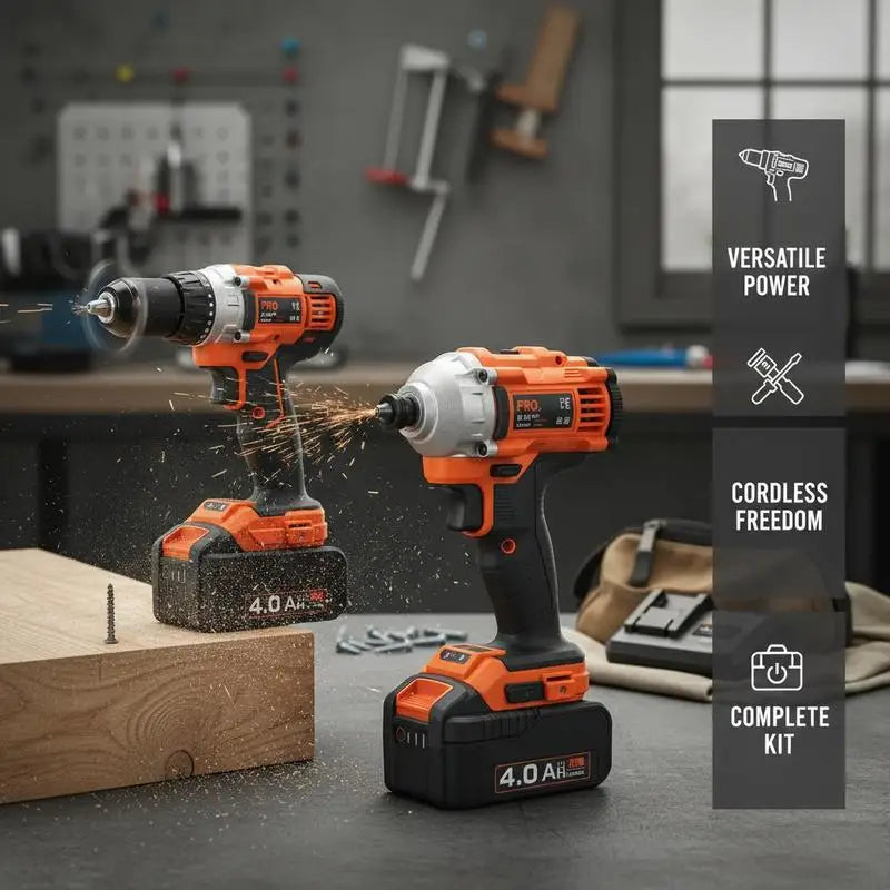Electric Power Tool Set 20V Max for Home Maintenance Workshop Projects Construction Site 1/2 in Drill 1/4 in Driver 4.0 Ah Batteries Screws Charger Cloth Bag