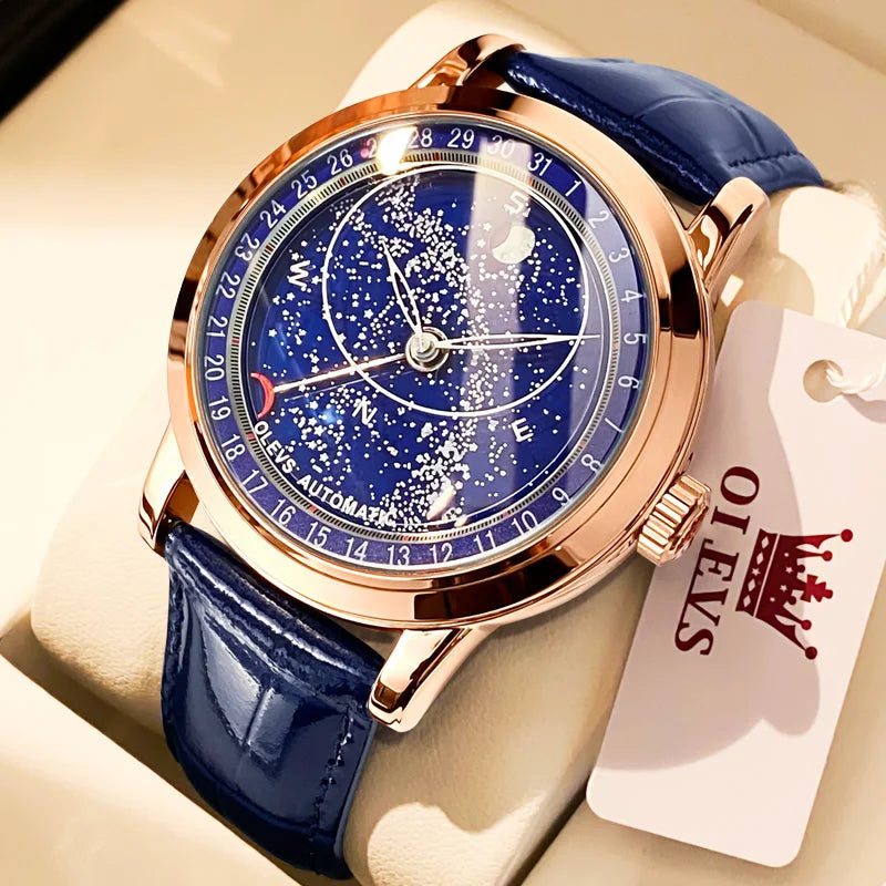 OLEVS Men's Watches Moon Phase Automatic Mechanical Watch for Man Blue Leather Luxury Dress Waterproof Luminous Wristwatch