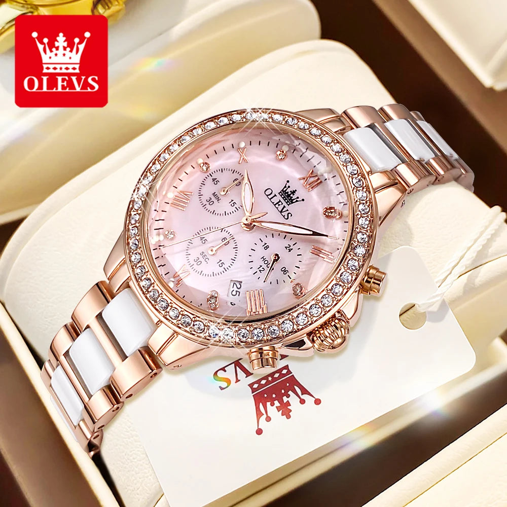 OLEVS 9999 Women Watch Brand Original Elegant Waterproof Chronograph Luxury Ceramic Dress Pink Women Quartz Watch Reloj Mujer