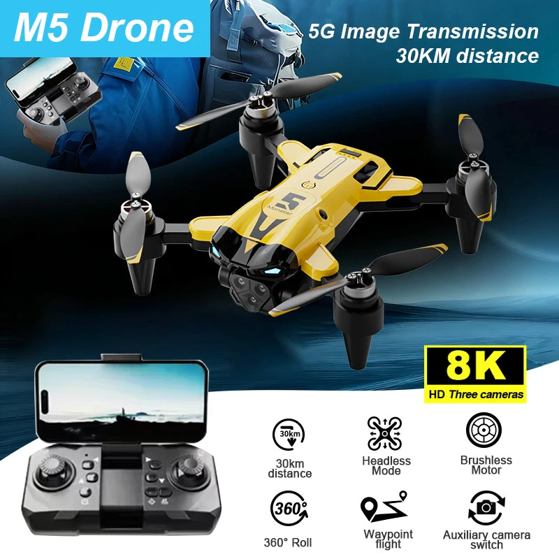 ZNLYRION M5 Foldable Brushless RC Drone 8K Triple Camera Obstacle Avoidance Optical Flow Positioning 2.4G WIFI FPV APP Control One Key Return 360° Roll Mini Quadcopter Drone For Beginners